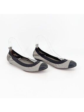 Chanel Gray Black Metallic Leather CC Cap Toe Ballet Flats Shoe Size 38 US 7–7.5